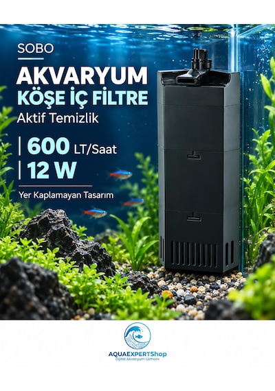Sobo Akvaryum Köşe İç Filtre - Aktif Temizlik - 600 Lt/saat - 12w - Yer Kaplamayan Tasarım - Siyah