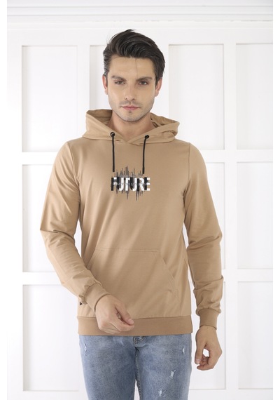 Escetic Spor Erkek Koyu Vizon Cepli, Kapüşonlu Sweatshirt-4170