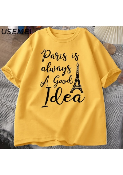 Flood Of Style Erkekler T En Kaliteli Baskı Paris T-shirt Rahat Tatil Moda O Boyun Kazak Pamuk Kısa K Sarı