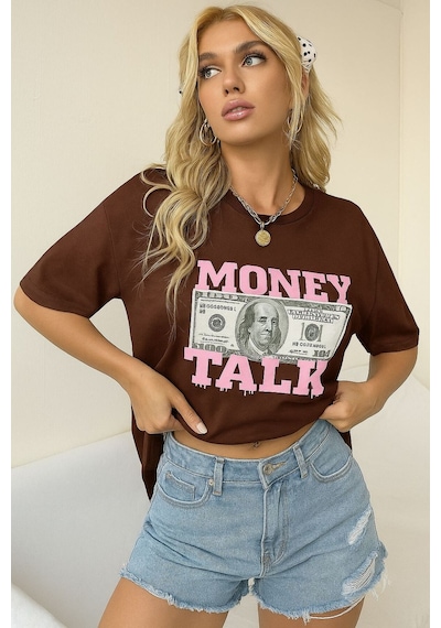 Money Talk Baskılı Unisex Tişört Kahverengi