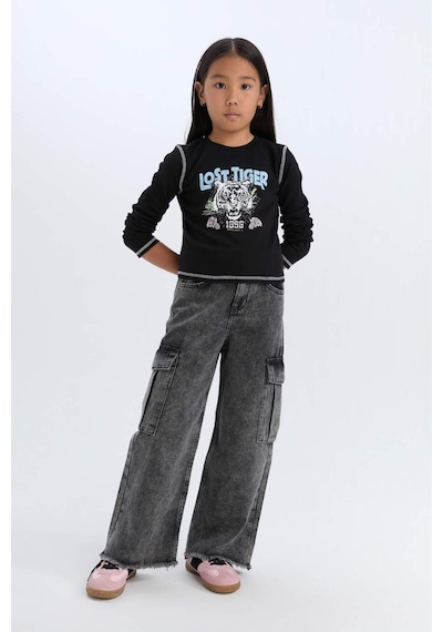 DeFacto Kız Çocuk Cropped Fit Bisiklet Yaka Baskılı Fitilli Kaşkorse Uzun Kollu Tişört D3430A824WNBK81 Siyah