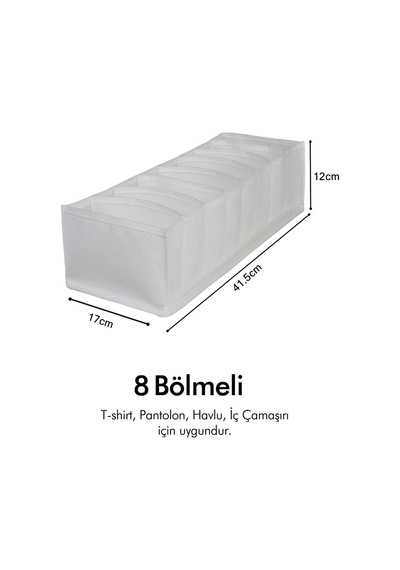 8 Bölmeli Beyaz Dolap Çekmece İçi Akordiyon Tipi Katlanır Çamaşır Düzenleyici Organizer Kumaş Beyaz Diğer