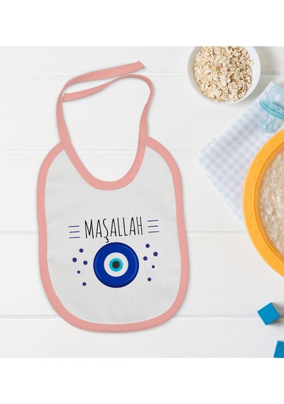 BK Kids Maşallah Tasarımlı Pembe Bebek Mama Önlüğü-1 Pembe