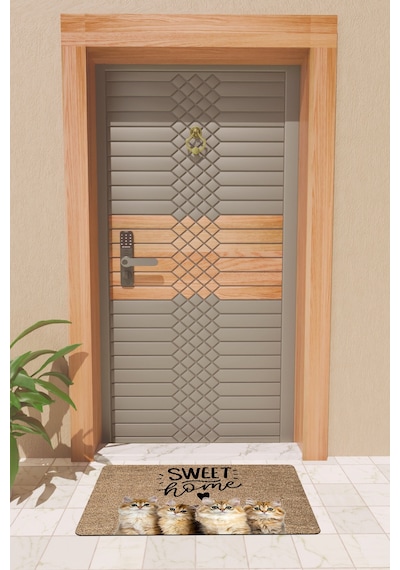 Rugmood Modern Dijtal Baskı Sweet Home Kedili Kapı Önü Paspası Çok Renkli