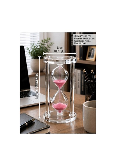 Modern Ofis Masa Üstü Biblosu Cam Kum Saati 10 Dakikalık Zamanlı Pembe Kum Dekoratif Hediye 14.5x8cm Biblo