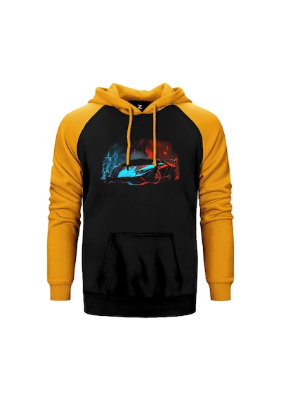 Lamborghni Blue Red Neon Sarı Renk Reglan Kol Kapşonlu Sweatshirt Sarı