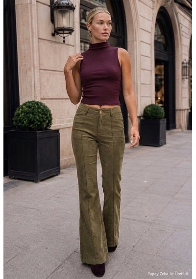 Kadın Haki Flare Fit Pürüzsüz Dokulu Esnek Velvet Kadife Kumaş Pantolon Yeşil