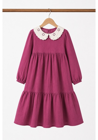 Angel&co. Girls Clothing Brode Yaka Müslin Midi Elbise-fuşya Fuşya