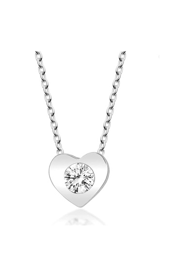Beyaz Swarovski Tek Taş Ortası Kalpli, Gümüş Kadın Kolye,925 Ayar