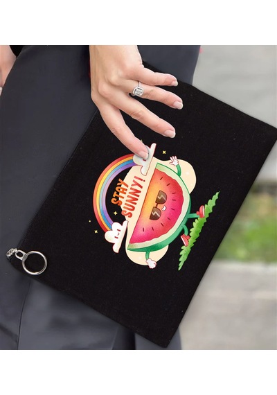 Bk Gift Yaz Temalı-7 Astarlı Siyah Portföy Çanta 30x21cm, Baskılı El Çantası, Organizer Çanta