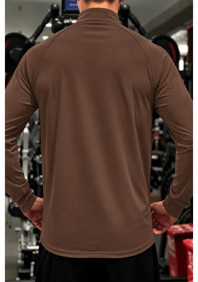 Genius Store Erkek Yarım Fermuarlı Compression Uzun Kol Spor Tişört Ve Fitness Tişörtü Dalgıç-uzun Kahverengi
