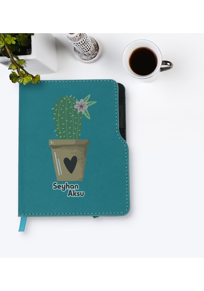 Kişiye Özel Kaktüs Tasarımlı Turkuaz Termo Deri Defter-6 Yeşil