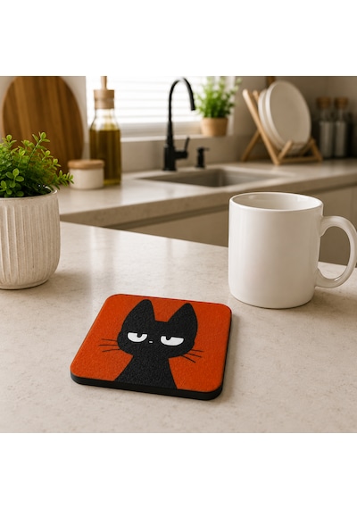 Kedi Desenli Bardak Altlığı Seti 4'lü Ahşap Mdf Dekoratif Kahve Ve Çay Bardak Altlığı Masa Koruyucu Kare Bardak Altlığı Çok Renkli