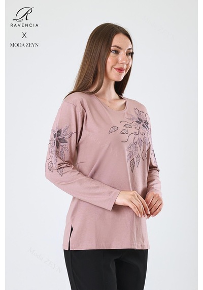 Kadın Pembe Büyük Beden Çiçek Desenli Taşlı Yırtmaçlı Likralı Viskon Anne Penye Bluz