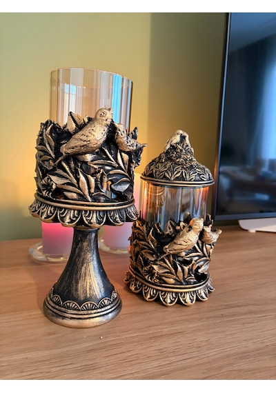 Kuşlu Ayaklı Ve Kapaklı Dekoratif Cam Mumluk & Şekerlik Seti Siyah Altın Varak Eskitme 2'li Şamdan & Kavanoz 27x12 Cm & 23x12 Cm Çok Renkli 08224044
