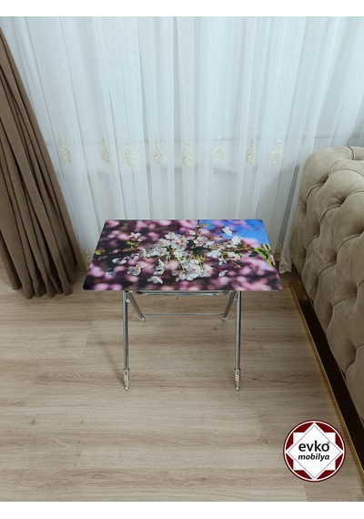 Evko Mobilya Çanta Zigon Sehpa, 4'lü Sehpa, Zigon Sehpa, Servis Sehpası, Camlı Sehpa, Katlanır Sehpa Kayısı Çiçeğiii Beyaz - Ceviz