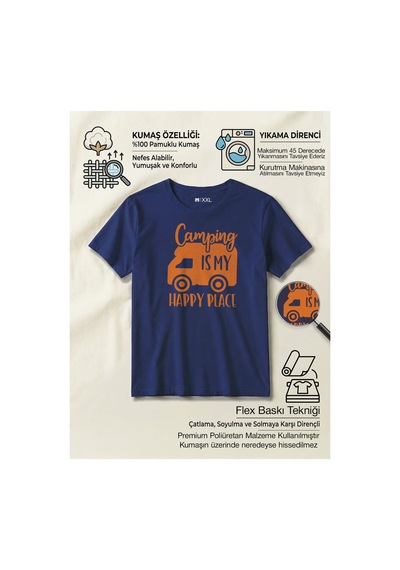 North Whiskers "camping Is My Happy Place" Karavan Baskılı %100 Pamuklu Lacivert Kamp Tişörtü Lacivert - 875670158 Lacivert - 875670158 Lacivert