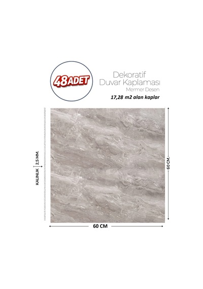 60x60 Cm Kendinden Yapışkanlı Duvar,banyo,tezgah Arası Gri Mermer-48 Adet 8808-60-48