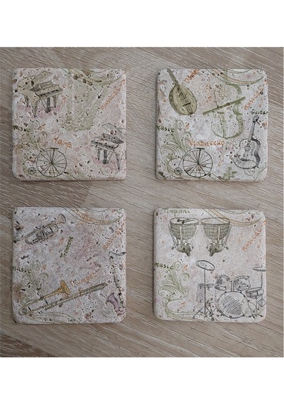 Müzik Aletleri Doğal Taş Bardak Altlığı 4'lü Set - Natural Stone Coasters-174249 Beyaz