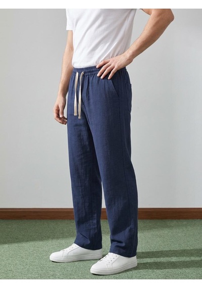 Danger Erkek Baggy Kalıp Beli Lastikli Pamuk Keten Görünümlü Pantolon Lacivert 1007dngr