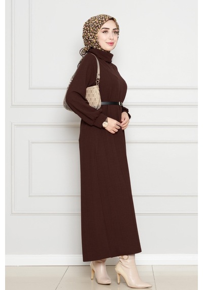 Sevitli Balıkçı Yaka Kemerli Elbise-kahverengi-4554 Kahverengi