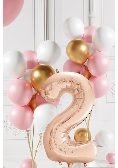 2 Yaş Retro Gold Pembe Beyaz Balon Seti Rose Gold Rakamlı Doğum Günü Balonu Şık Parti Süsleme Çok Renkli