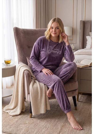Seboteks Yumuşak Dokulu Kadife Kumaş Uzun Kollu Büyük Beden Kadın Pijama Takımı 2500 Lila