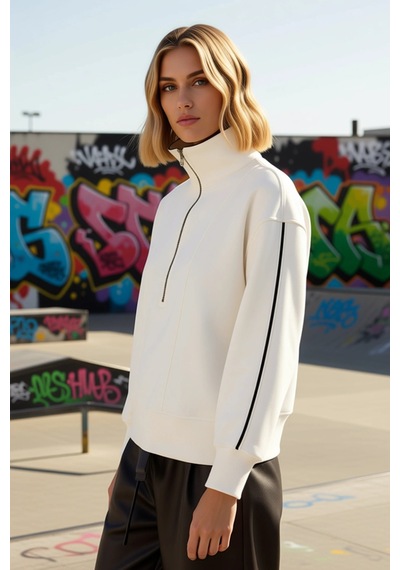 Benerly Kadın Dik Yaka Fermuarlı Düşük Kol Regular Kesim Örme Sweatshirt Ekru