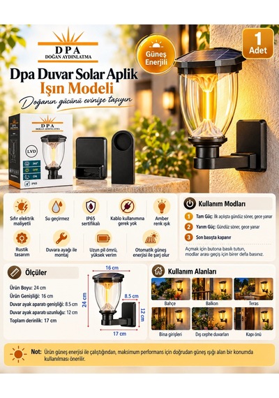 Dpa 7w Amber Işın Duvar Aplik Solar Led Güneş Enerjili Şarjlı Armatür Lamba 2000k 190lm Ip65