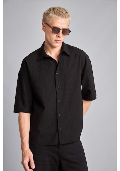 Defacto Boxy Fıt Baskılı Kırışık Dokulu Kısa Kollu Siyah Gömlek I3080ax26hsbk81 Siyah-bk81