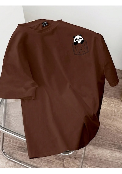 Flood Of Style Erkek Kahverengi Sevimli Cep Panda Baskılı Oversize