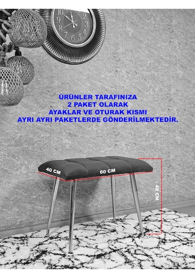 Zafir Siyah Sivriltmel Ayaklı 60 Cm Puf Bench - Puf - Bench - Oturak - Mutfak Oturağı - Antre Oturağı Gri