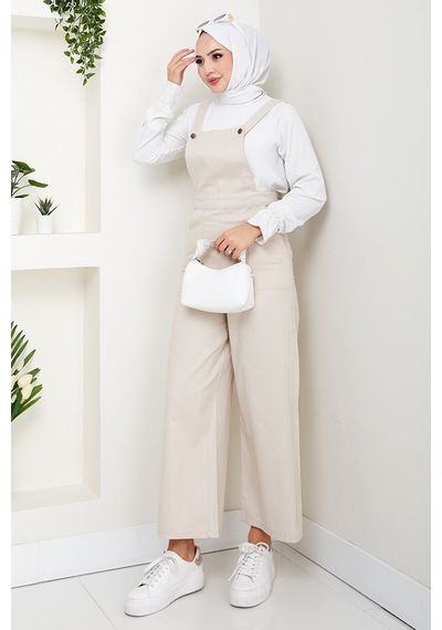 Bestenur Gülru Cepli Gabardin Tulum 1587 - Bej Bej
