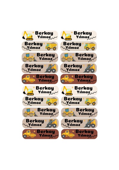İsme Özel 20'li Kitap Etiketi - İş Makineleri Tasarımlı Parlak Kuşe Sticker Diğer