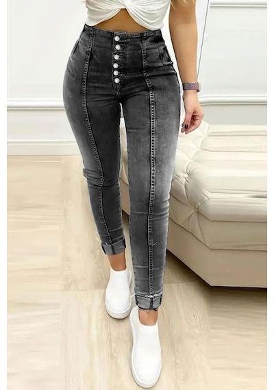 Butik İstanbul Kadın Yüksek Bel Önden Düğmeli Jean Pantolon Siyah