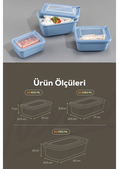 Vienev 6'lı Vip Dikdörtgen Mikrodalga Ve Difrize Uygun Saklama Kabı Seti Mavi 2x 1750,1050,600 Ml Mavi