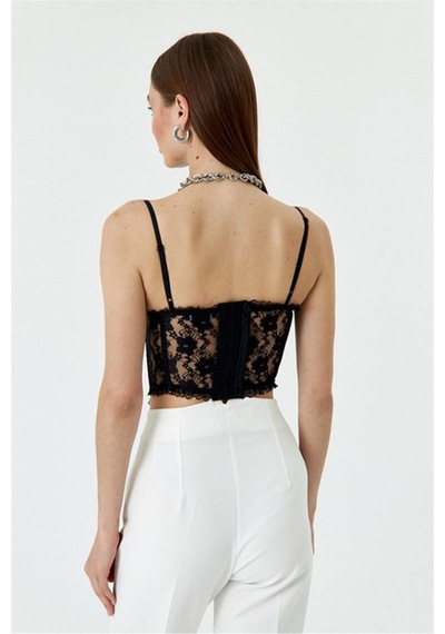 Fashion Cocktail Ön Korseli Askılı Göğüs Pedli Dekoratif Saçaklı Dantelli Gece Krop Büstiyer Siyah Fashion Cocktail Ön Korseli Askılı Göğüs Pedli Dekoratif Saçaklı Dantelli Gece Krop Büstiyer Siyah