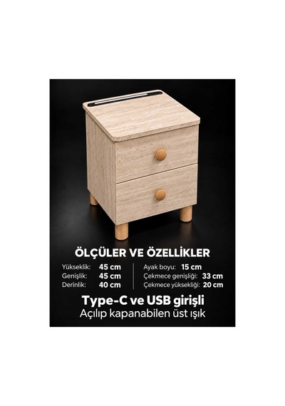 Modern Çekmeceli Komodin, Type-c Ve Usb Girişli, Led Işıklı Başucu, Yatak Odası, Koltuk Yanı Sehpası Bej - 931981058 Bej