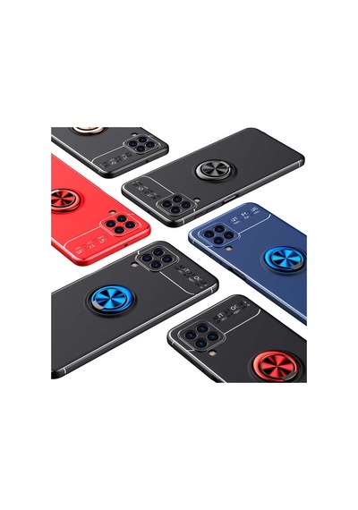 Noktaks - Galaxy A22 4g Uyumlu Kılıf Koruyucu Yüzüklü Karbon Ravel Silikon Kapak - Siyah-kırmızı - T22141