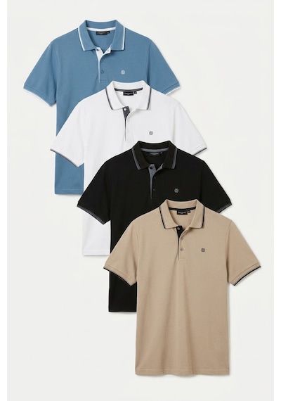 Buratti Pamuklu Slim Fit Şerit Detaylı Düğmeli Polo Yaka 4'Lü Paket Erkek T Shirt 5902118S4 Siyah-Beyaz-Mavi-Vizon