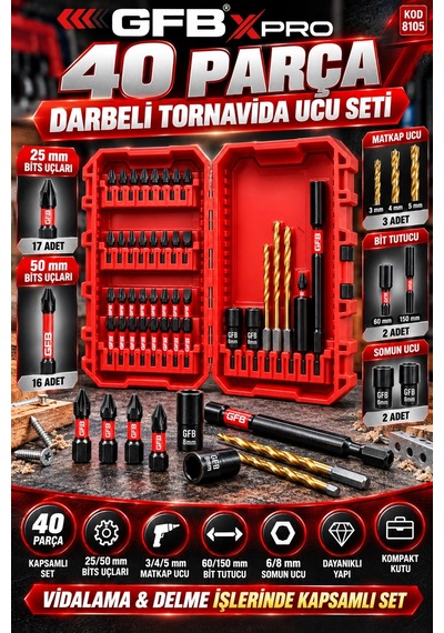 Gfb Xpro 40 Parça Darbeli Tornavida Ucu Ve Matkap Ucu Seti Kapsamlı Vidalama & Delme Seti