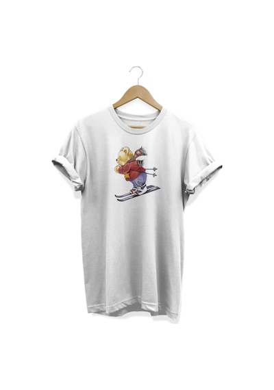 Kayaklı Ayıcık Baskılı Beyaz T-shirt Beyaz