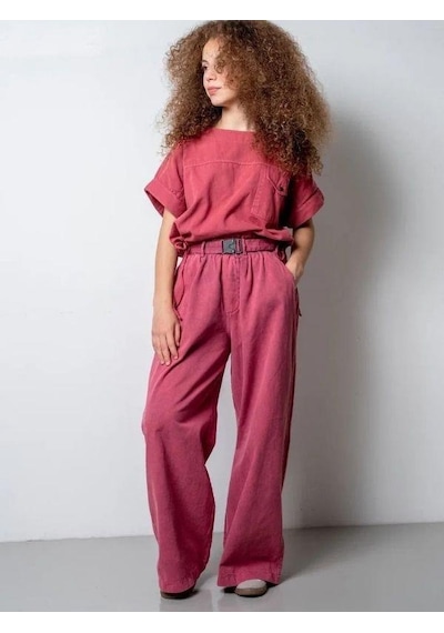 Zekids Kız Çocuk Kemerli Geniş Paça Gabardin Pantolon-15802 Pembe