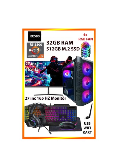 Comloji CMLJ29 R5-5500 32 GB 512 GB SSD RX580 27" Free Dos Masaüstü Oyuncu Bilgisayarı