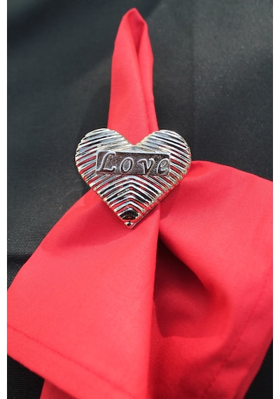 6 Adet Gümüş Love Kalp Metal Peçete Halkası - Napkin Ring