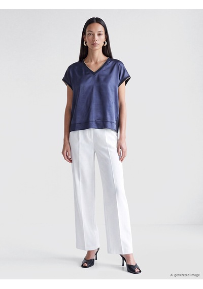 Lcw Everyday Lacivert V Yaka Oversize Kadın Tişört