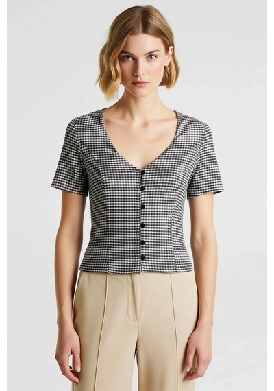 Benerly Kadın Bluz Crop V Yaka Kısa Kol Ekose Kareli Desen Düğmeli Fitted siyah