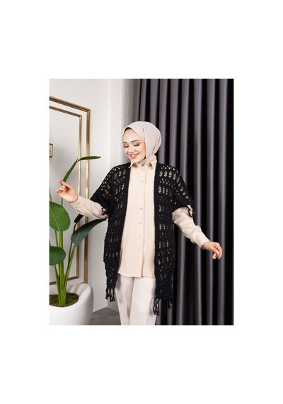 Hira Life Fashion Kadın Mevsimlik Saçaklı Ve Ajurlu Pamuk Triko Hırka Siyah Siyah