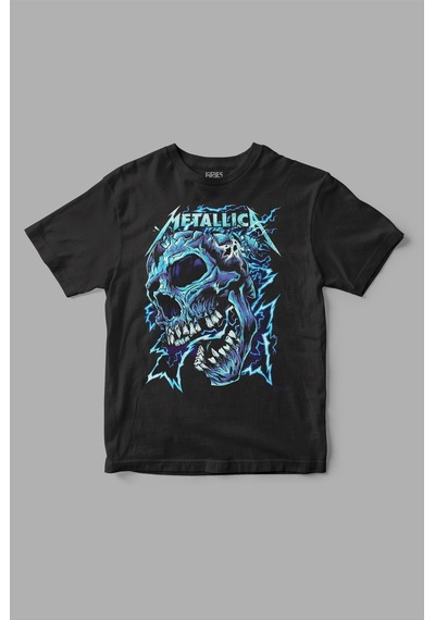 Metallica Blue Skull Baskılı Tişört Siyah