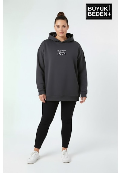 Süperlife Kadın Büyük Beden California 1974 Baskılı Kapüşonlu İnce Sweat Rahat Kalıp Hoodie Spr26bswk965 Füme